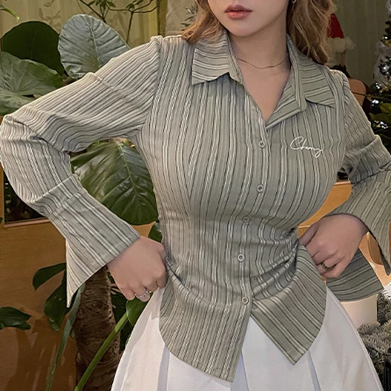 Spicy Girls Stripe Polo Neck Long Sleeve Shirt Women Early Spring 2023 New Cardigan Waist Tight Sexy Shirt Top