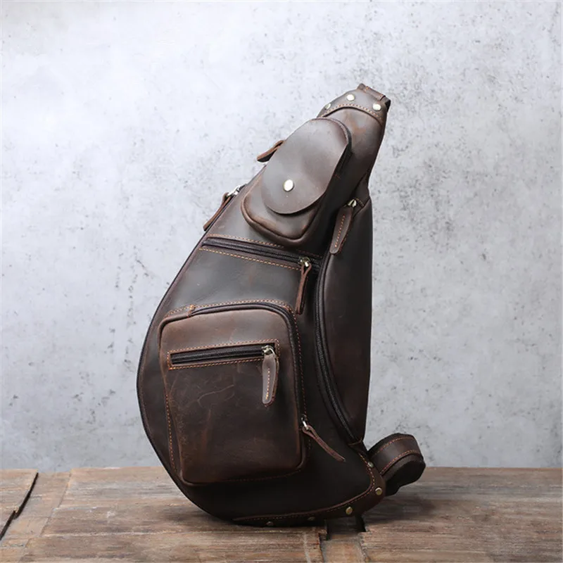 Vintage genuine leather men's multi-pocket personality chest bag organizer designer crazy horse cowhide outdoor shoulder bag