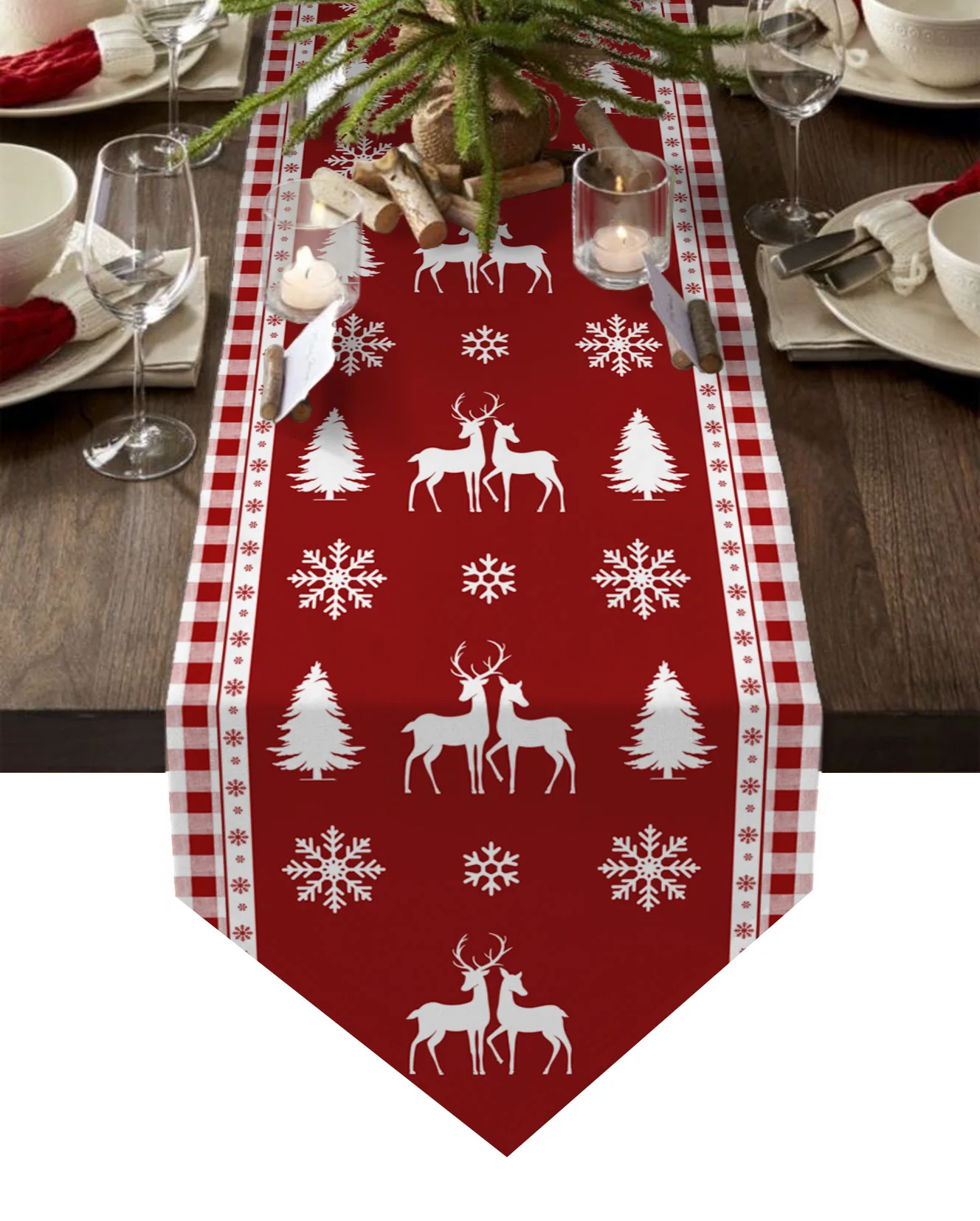 

Christmas Snowflake Elk Red Plaid Christmas Home Decor Table Runner Wedding Decoration Tablecloth Kitchen Table Runners