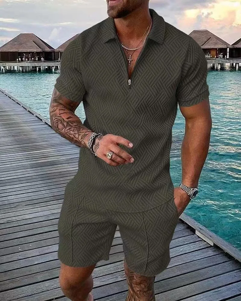 

Summer Men's New Sports Suit Casual Color Contrast POLO Zip-up Lapel Shirt 3D Printed Men's Short Sleeves + Shorts 2022