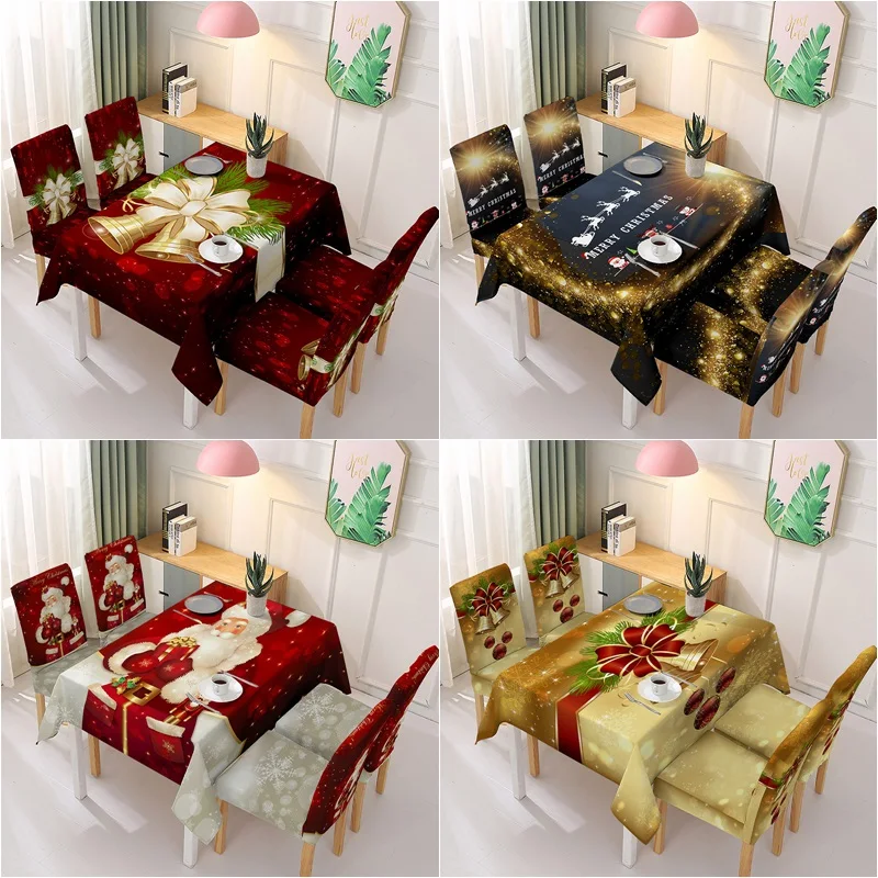 

2023 Christmas Snowflake Tablecloth Xmas Dining Chair Cover Waterproof Christmas Bells Dinning Table Cover Cloth Home Party