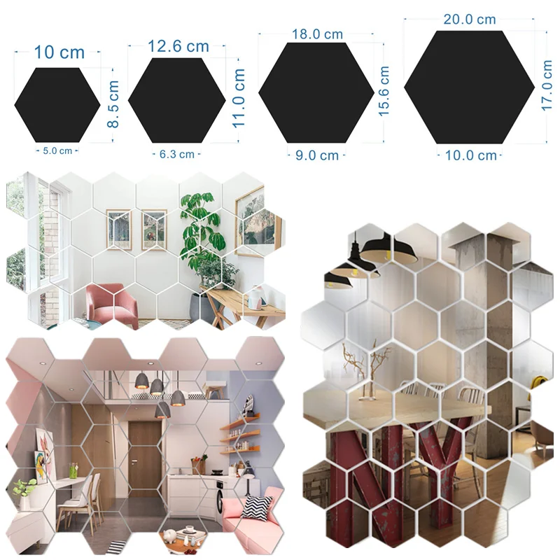 12 шт. большие 3D шестигранные зеркальные настенные наклейки съемные
