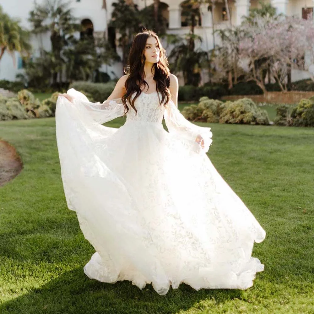 

Белое богемное платье с открытыми плечами, ТРАПЕЦИЕВИДНОЕ свадебное платье с открытой спиной, с сердечком, Тюлевое шикарное платье невесты ...