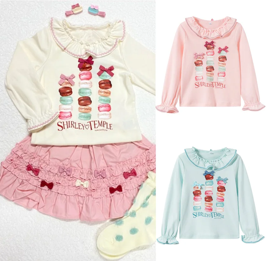 

ST Japan Style Spring/Summer Girls & Children's T-Shirt Macaron Print Cotton Bottoming Top Long Sleeve + Bow Knot Skirt Skirt
