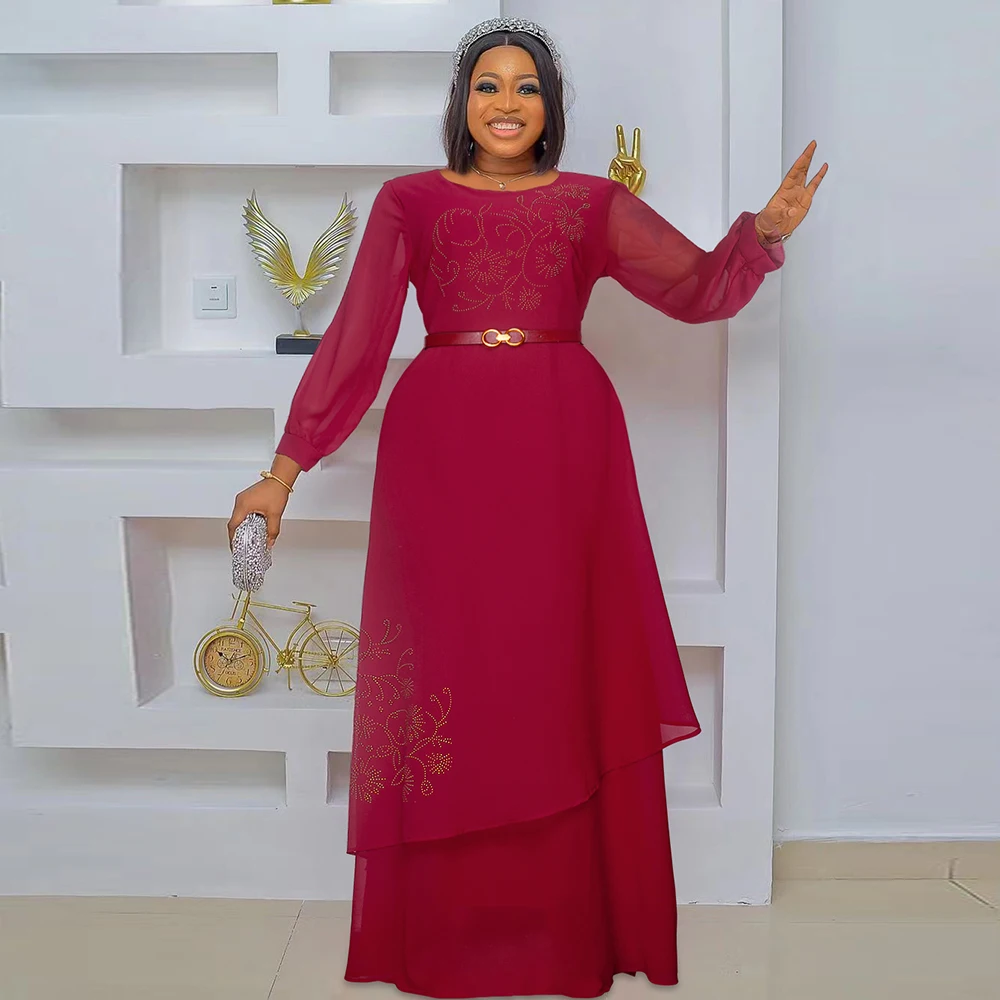 

2023 Chiffon Dresses For Women African Turkey Long Sleeve Maxi Robe Dubai Muslim Abaya Party Gown Ankara Dashiki Africa Clothing