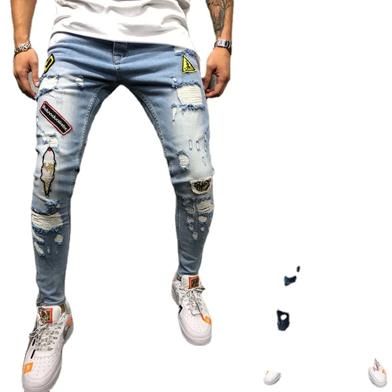 Y2k New Men's Solid Color High-end Denim for Spring Autumn Ripped Trend Slim Jeans Embroidered Cartoon Character Mid-rise Jeans