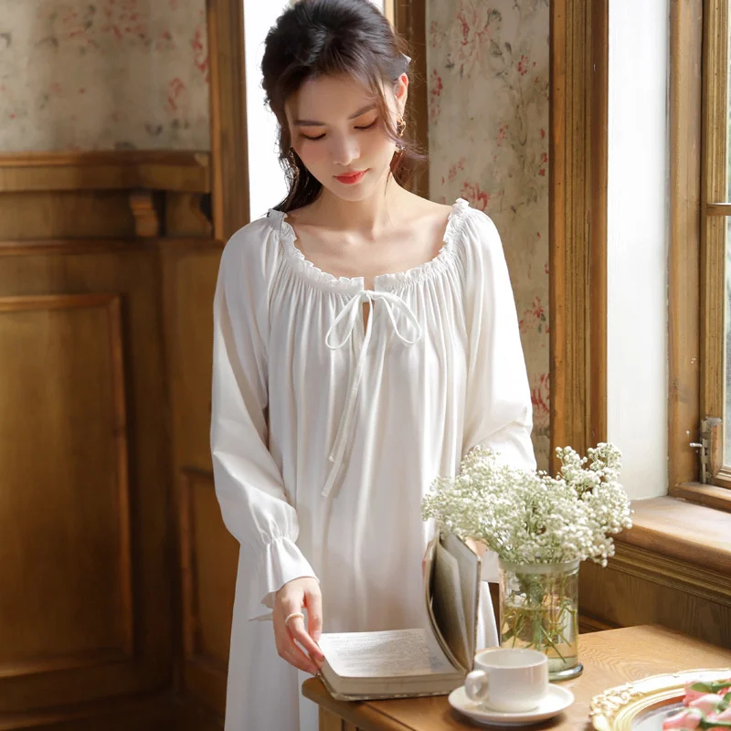 Night Dress Women Cotton O-Neck Long Sleeve Elegant Sleepdress Nightgowns Spring French Court Style Princess Pajamas Sleepdress