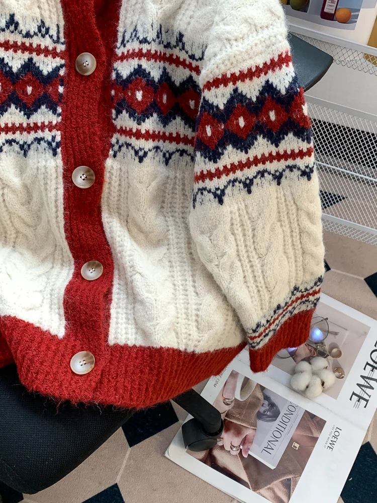 Жаккардовый красный Рождественский и новогодний свитер в стиле ретро Женская