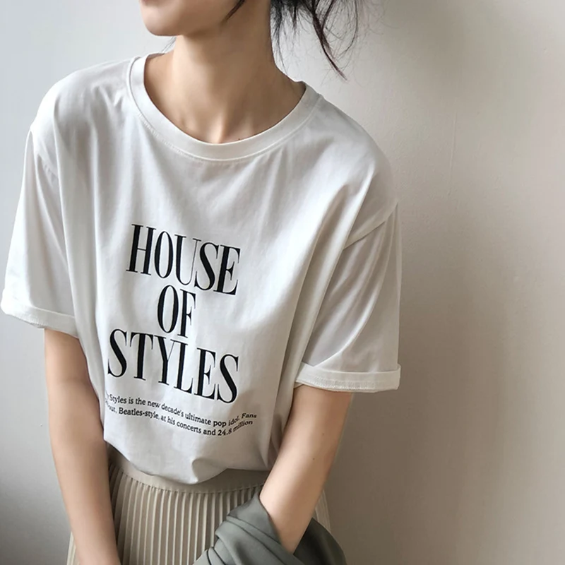 

2022 Spring New Women's T-Shirt Letter Printing Short Sleeve Basic Korean Fashion O-Neck Loose Top Tee Vintage Female Clothing