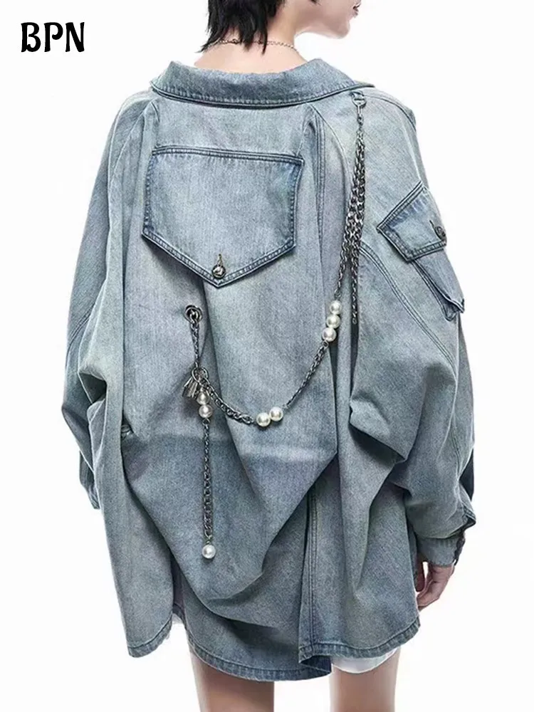

BPN Асимметричная Лоскутная джинсовая куртка с цепочками для женщин с лацканами длинным рукавом однобортная уличная одежда куртка женская модная стильная