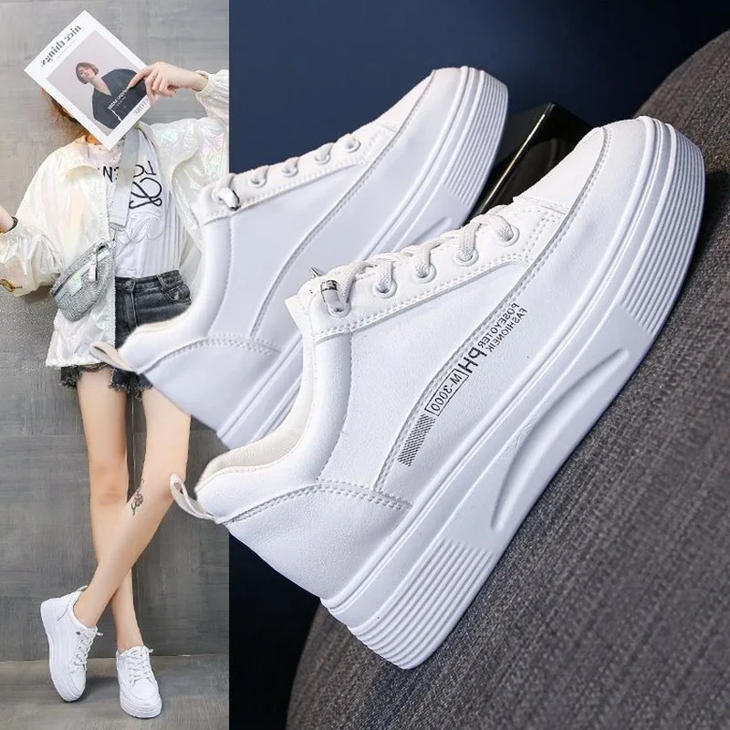 

Women's Sports Shoes Casual PU Leather Platform Height Increasing Shoes Thick Sole Tenis Baskets Femme High Top Chunky Sneakers