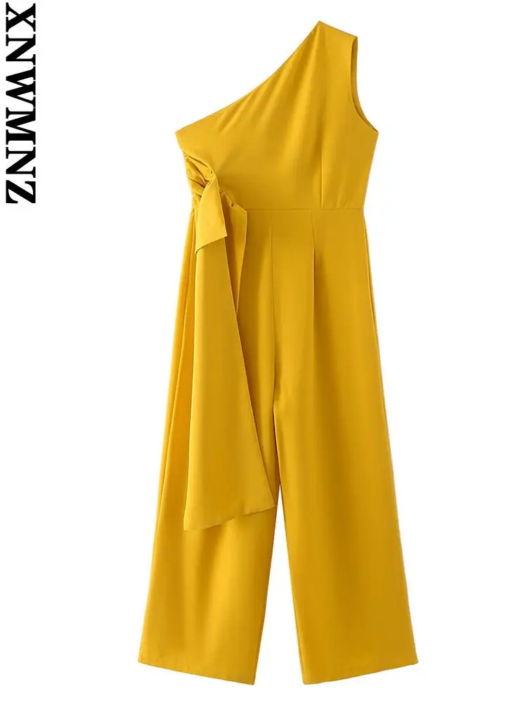 

XNWMNZ jumsuits for women 2022 fashion with sloping shoulder folds jumpsuits vintage sleeveless wide leg pants female playsuits