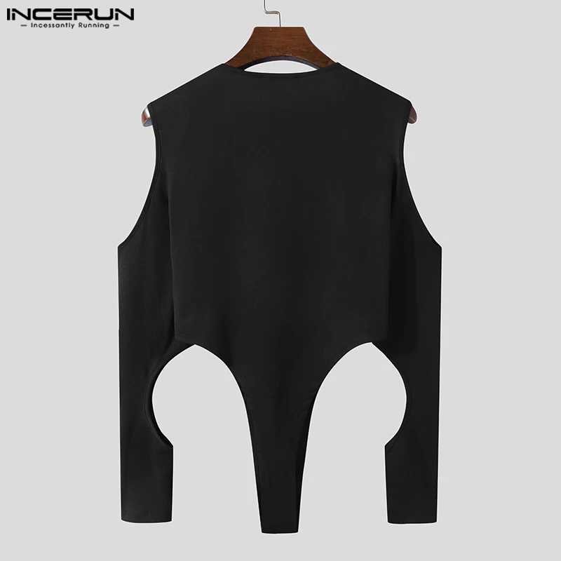 Comfortable Homewear New Men's Fashionable Bodysuit INCERUN Small V-Neck Hollow Solid All-match Long Sleeve Jumpsuits S-5XL 2023