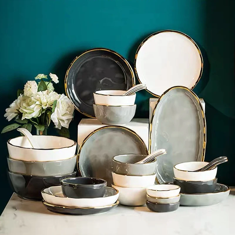 

Ceramic Complete Tableware set Dinner Plates Dishes Food Plate Dinnerware Set Salad Soup Bowl Plate and Bowls Set for Serving