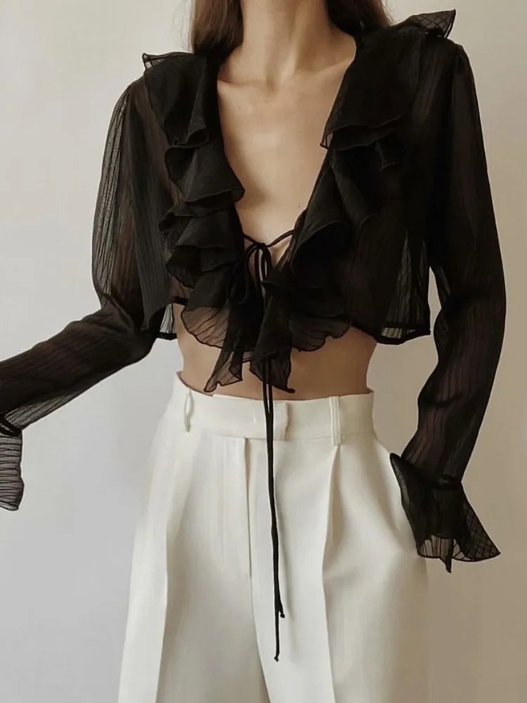 

Semi Sheer Women Sexy Tie bow Front Ruffles Cropped Shirt High waist Short Blouse Long Flare sleeve French Tops Black White
