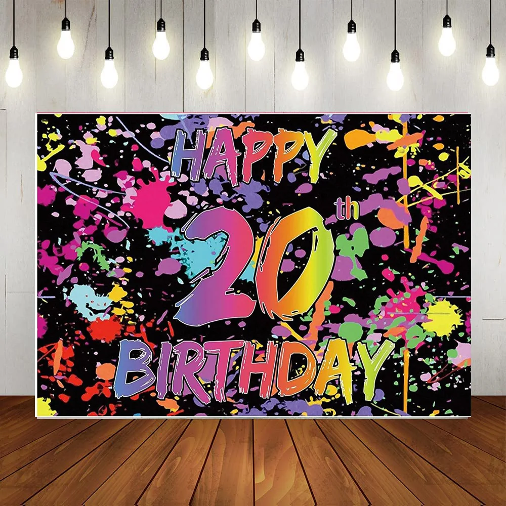 

Glow Neon Boys Girls Happy 20th Birthday Party Backdrop Banner Decor Twenty year Black Colorful Graffiti Background Decoration