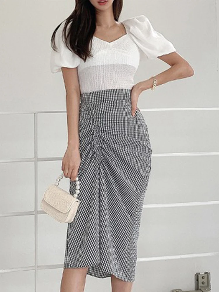 

Sweet Casual Women 's Clothing White Puff Sleeve Folds Lace Up Tops Shirt Plaid Folds Midi Skirt Street Beach 2 Piece Outfits