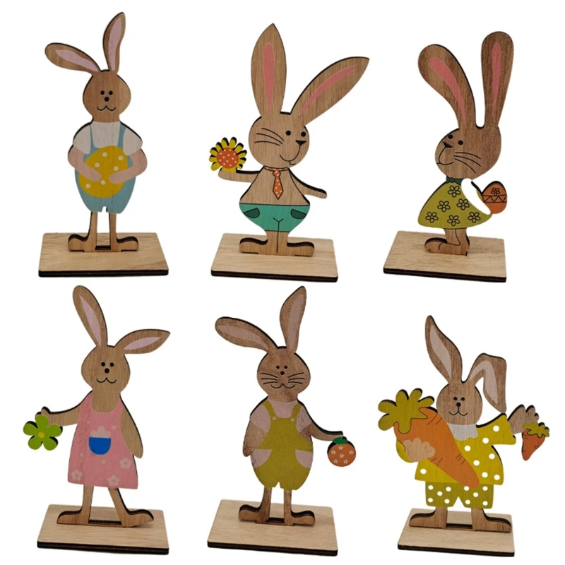 

Wooden Easter Ornament Wood Bunny Flower Egg Crafts Desktop Ornaments for Home Festival Party Tabletop Decoration 87HA