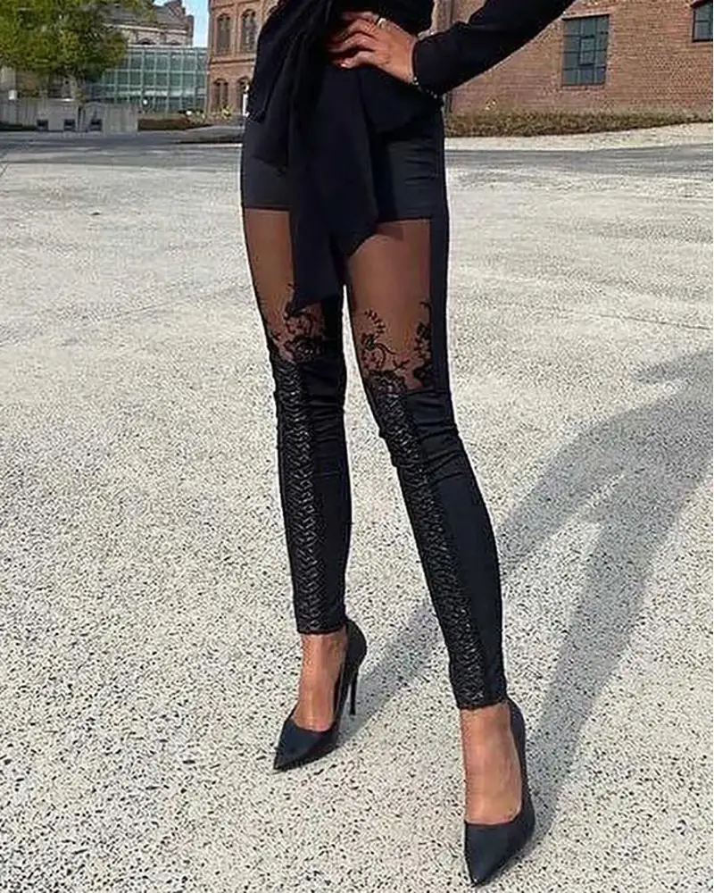 

Women Fashion Embroidered Lace Patchwork Pants Spring Casual Elastic Waist Black Leggings Long Pants