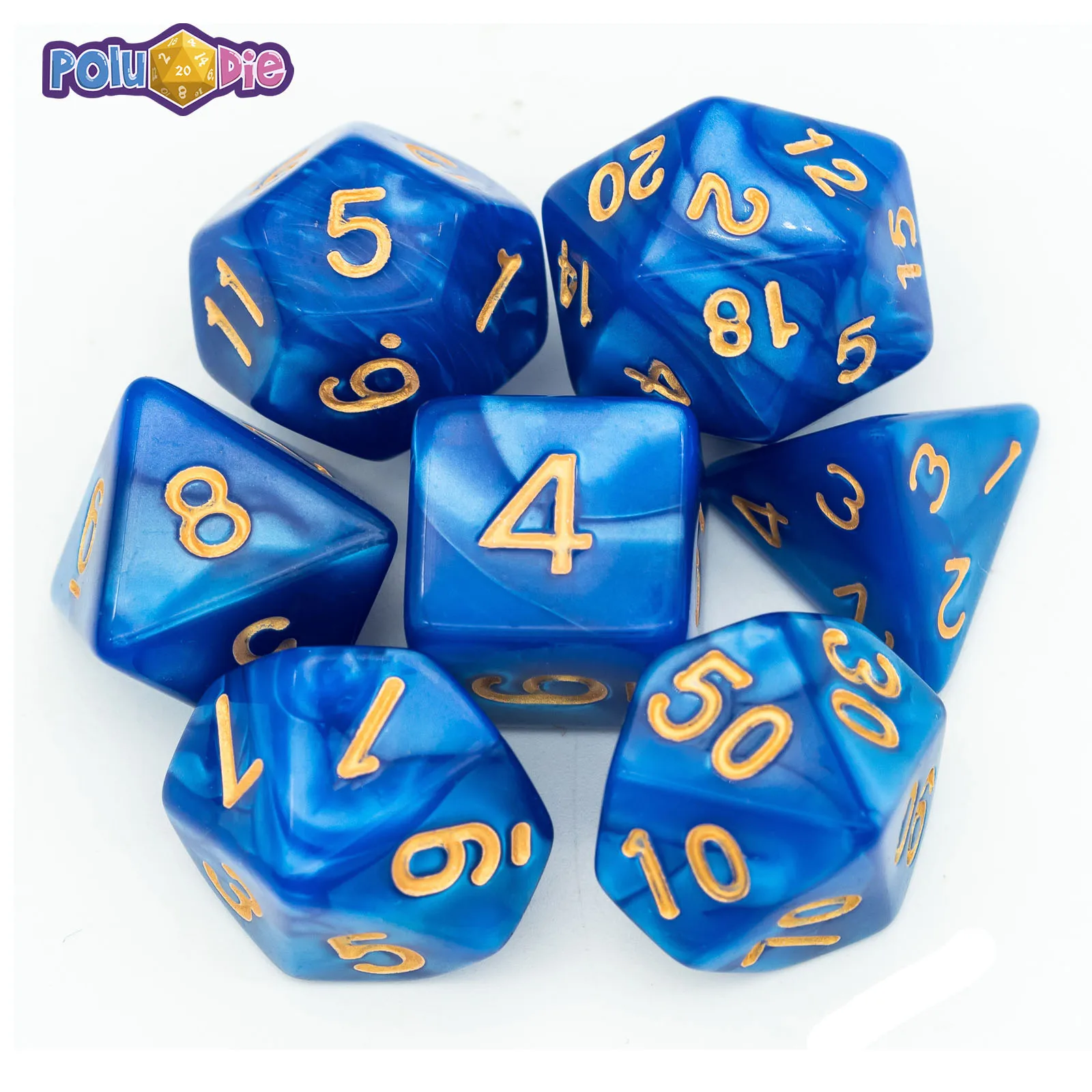 

Poludie 7 шт./компл. синий игральные кости DND набор, новый золотой шрифт, многогранные кости D4 D6 D8 D10 D % D12 D20 для ролевых игр, настольная игра D & D, рол...