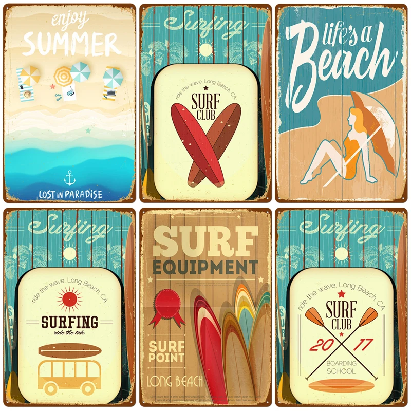

Summer Beach Poster Vintage Metal Tin Sign Miami Surf Club Art Painting Stickers Wall Decor for Pub Bar Outdoor Home Decoration