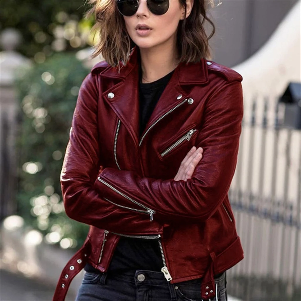 

Осенняя короткая куртка, однотонные женские мотоциклетные байкерские куртки в стиле панк, Женская крутая куртка из искусственной кожи с длинным рукавом и молнией