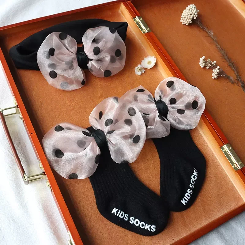 

Fashion Baby Socks Children's Cute Bow Cotton Sock + Pure Color Bow Headband Four Seasons Newborn Boy Girls Meias Souvenir