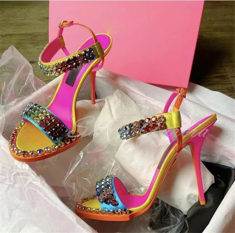 Rainbow Rhinestone High Heel Sandals Women Round Toe Buckle Strap Thin High Heel Bling Bling Crafted Crystal Banquet Dress Shoes
