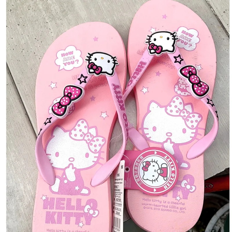 Sanrio Hello Kitty Fashion Casual Pink Flip Flops For Women Elegant Homewear Anti-skid Outwear Beach Sandals Man Slippers Shoes images - 6