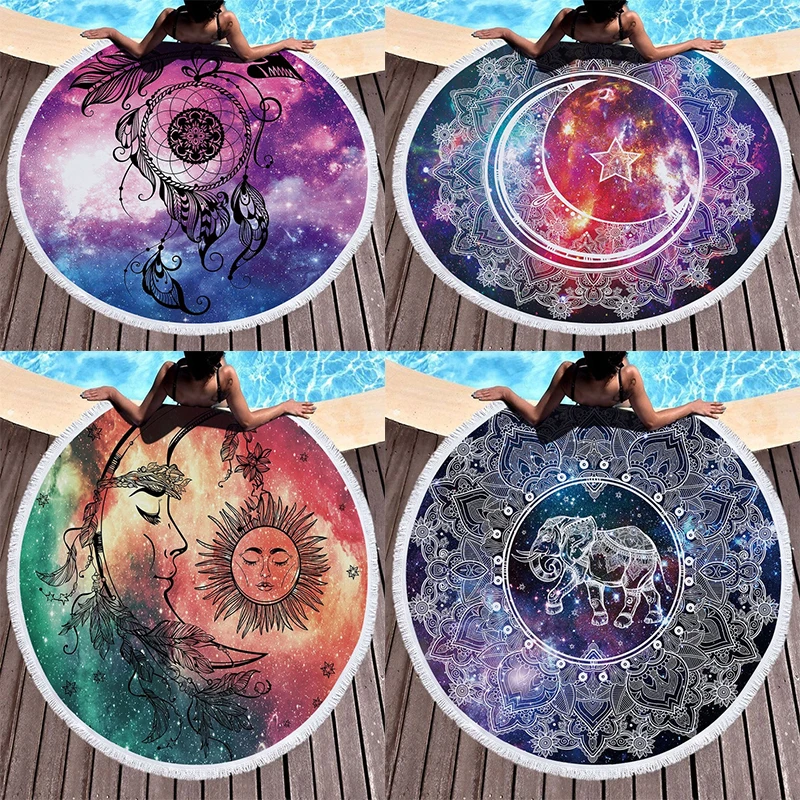 

Microfiber Round Beach Towel Ethnic Print Fringed Beach Towel Mandala Moon Print Beach Towel Bath Towels for Adults Round 150cm
