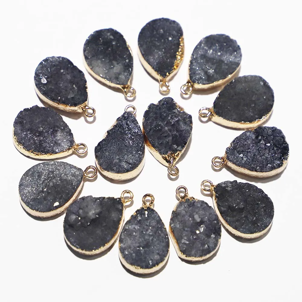 

Natural Stone Water Drop Druse Tooth Agates Necklace Druzy Black Crystal Pendants Gilded Edge Jewelry Accessories Wholesale 7Pcs