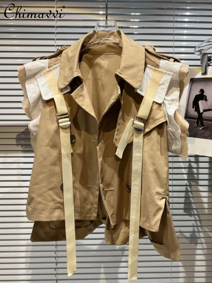 

2022 Summer New Fashion Streetwear Buckle Strap Shoulder Lace Padded Shoulder Vest Loose Temperament Personality Vests Coat