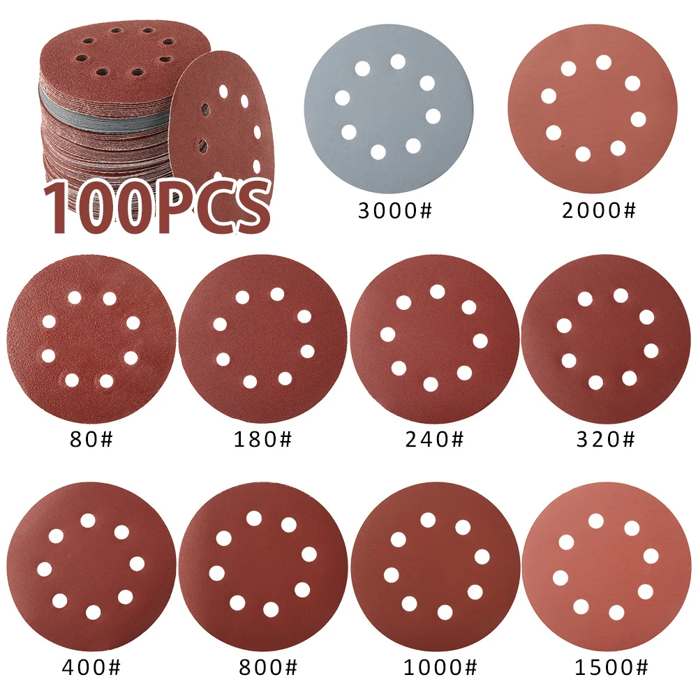 

50/100Pcs 5inch Sandpaper 125mm 8 Hole Discs Round Shape Hook Loop Sanding Paper Buffing Sheet Sander Polishing Pad