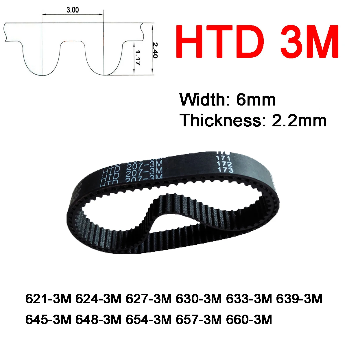 

1Pc Width 6mm 3M Rubber Arc Tooth Timing Belt Pitch Length 621 624 627 630 633 639 645 648 654 657 660mm Synchronous Belt Closed