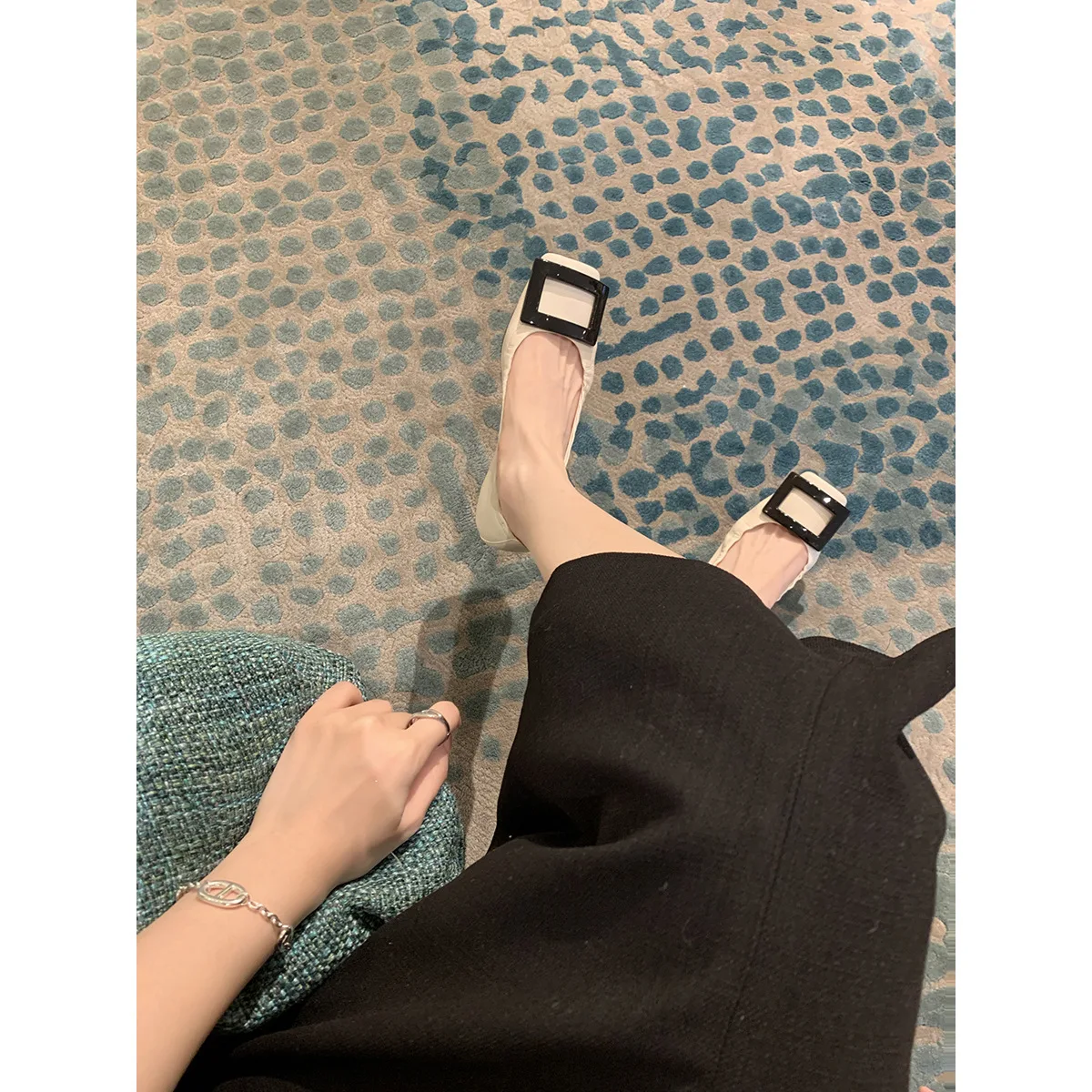 

Elegant Flat Ballet Shoes For Women Gentle Square Head Square Buckle Elastic Single Shoes Shallow Soft Leather Pleated Zapatos