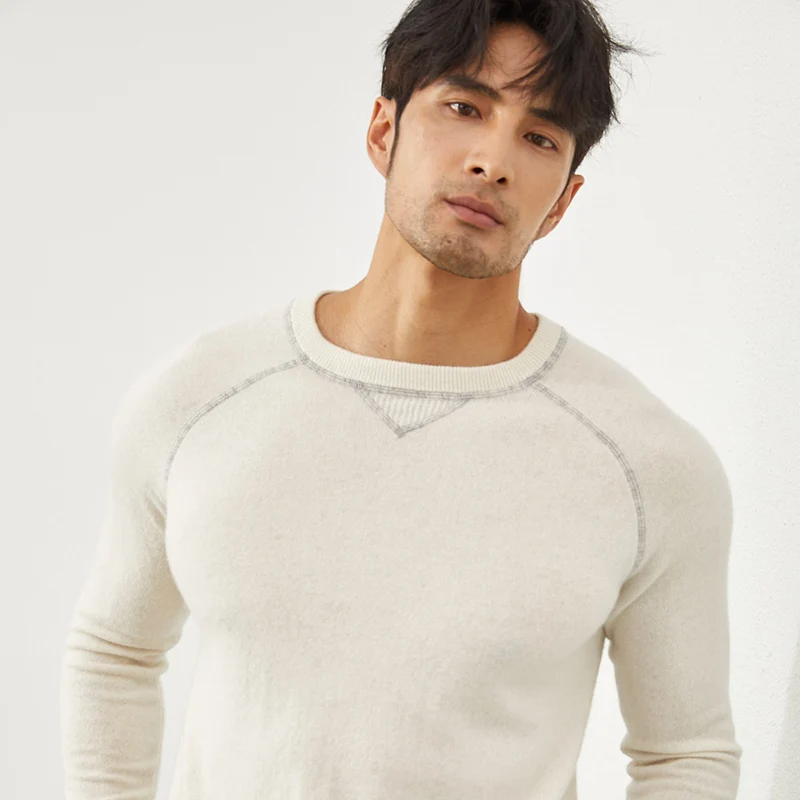 Men's Youth High-end Business Gentleman 100% Cashmere Sweater Stitching Light Luxury Simple Round Neck Business Bottoming Shirt