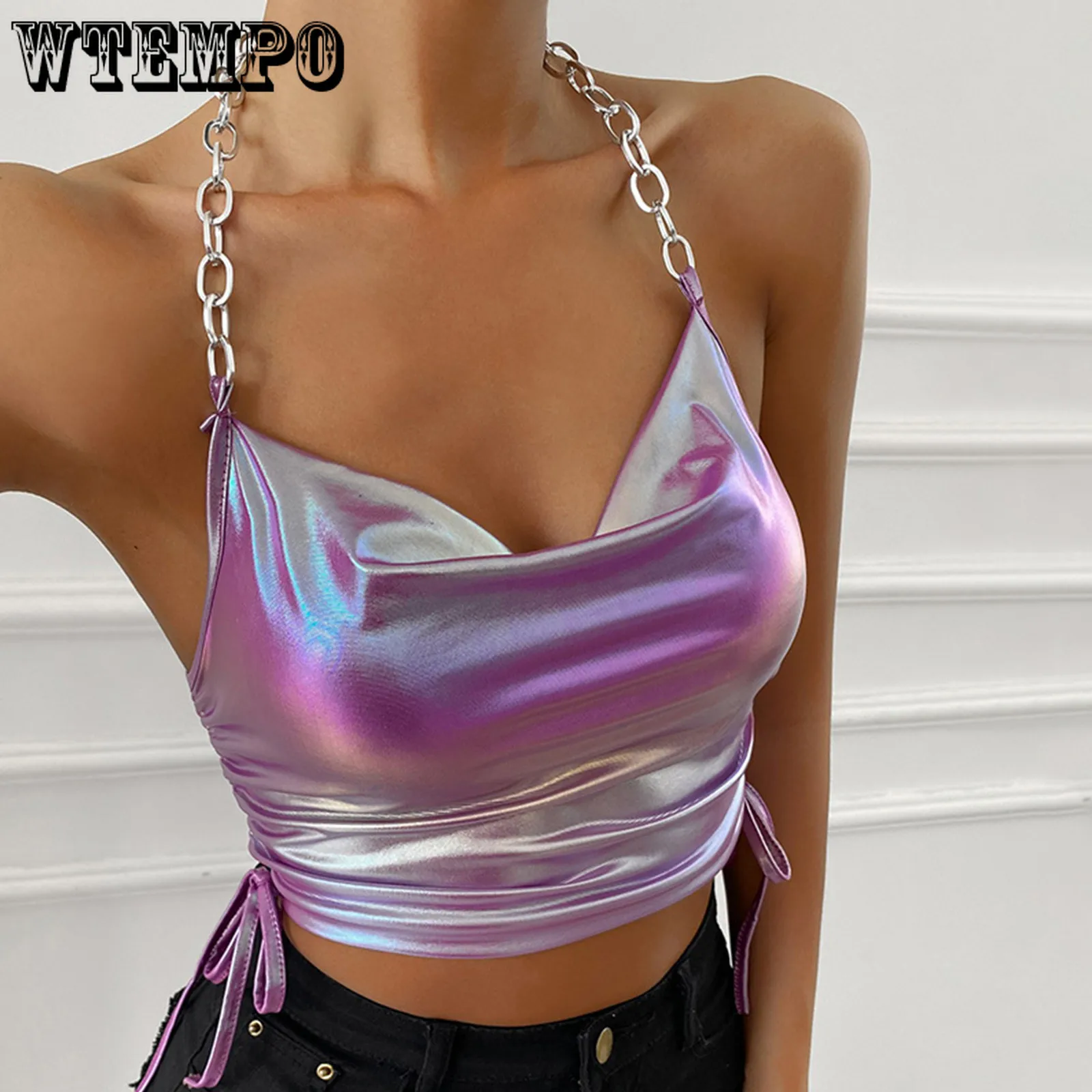 

Women Summer Ruched Drawstring Halter Crop Top Y2K Glitter Metallic Camisole Sexy Backless Metal Chain Camis Fashion Halter Tops