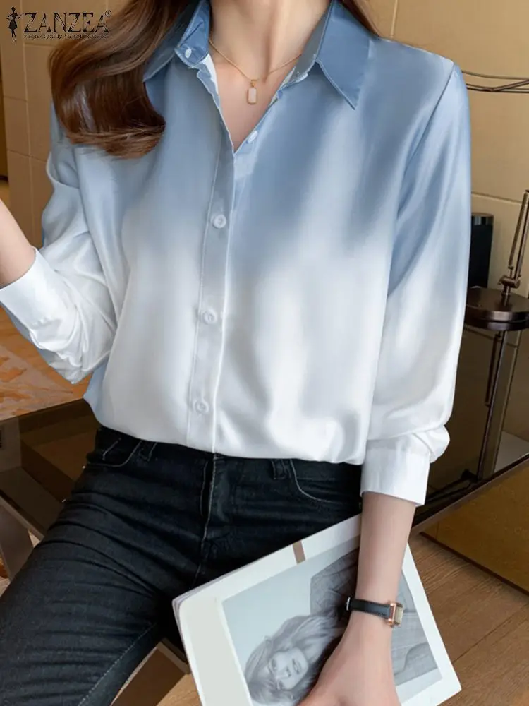 

Рубашка ZANZEA Женская с воротником с лацканами и длинным рукавом, Стильная сорочка с градиентным цветом, повседневная Рабочая блузка на пуговицах, весна