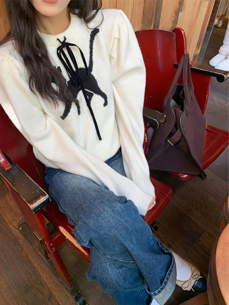 Свитер Ezgaga женский пуловер с рисунком кота и бантом осень-зима круглым вырезом