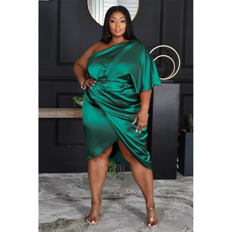 Plus Size Dresses High Quality Pleated Asymmetric One Side Sleeve Bright Skirt Slim Fit Office Lady for Vestidos Party Dresses
