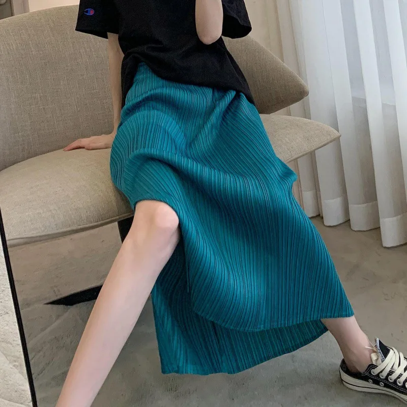 New spring pleated wind mid-length straight elastic pleated skirt niche thin paper long sexy harajuku skirt korean style
