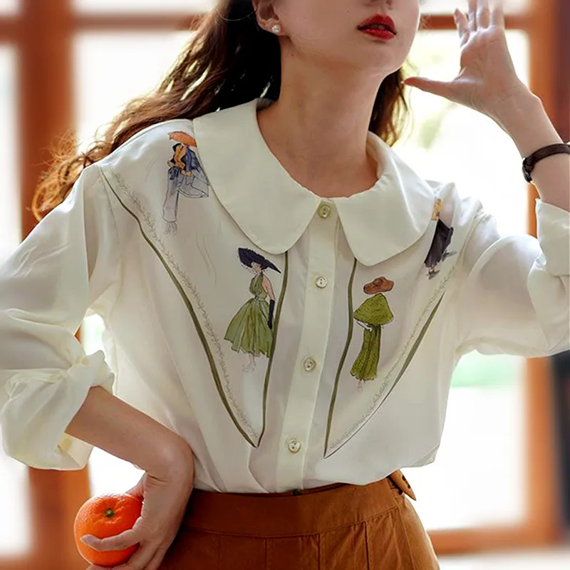 

Новая весенняя блузка для молодых девушек с мультяшным принтом, свободная рубашка с воротником «Питер Пэн», Повседневная Свободная Милая туника, рубашки, блузка NS252