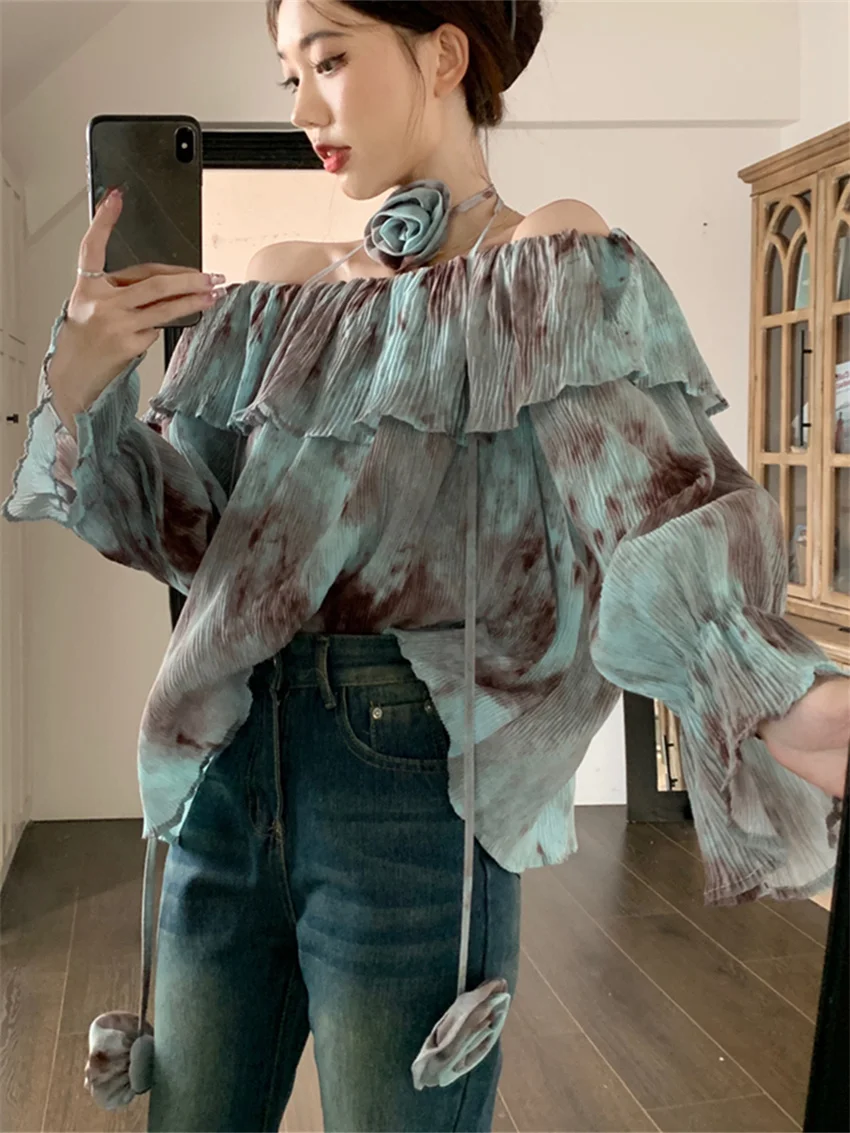 Блузка женская в стиле ретро с оборками длинным рукавом и воротником-лодочкой