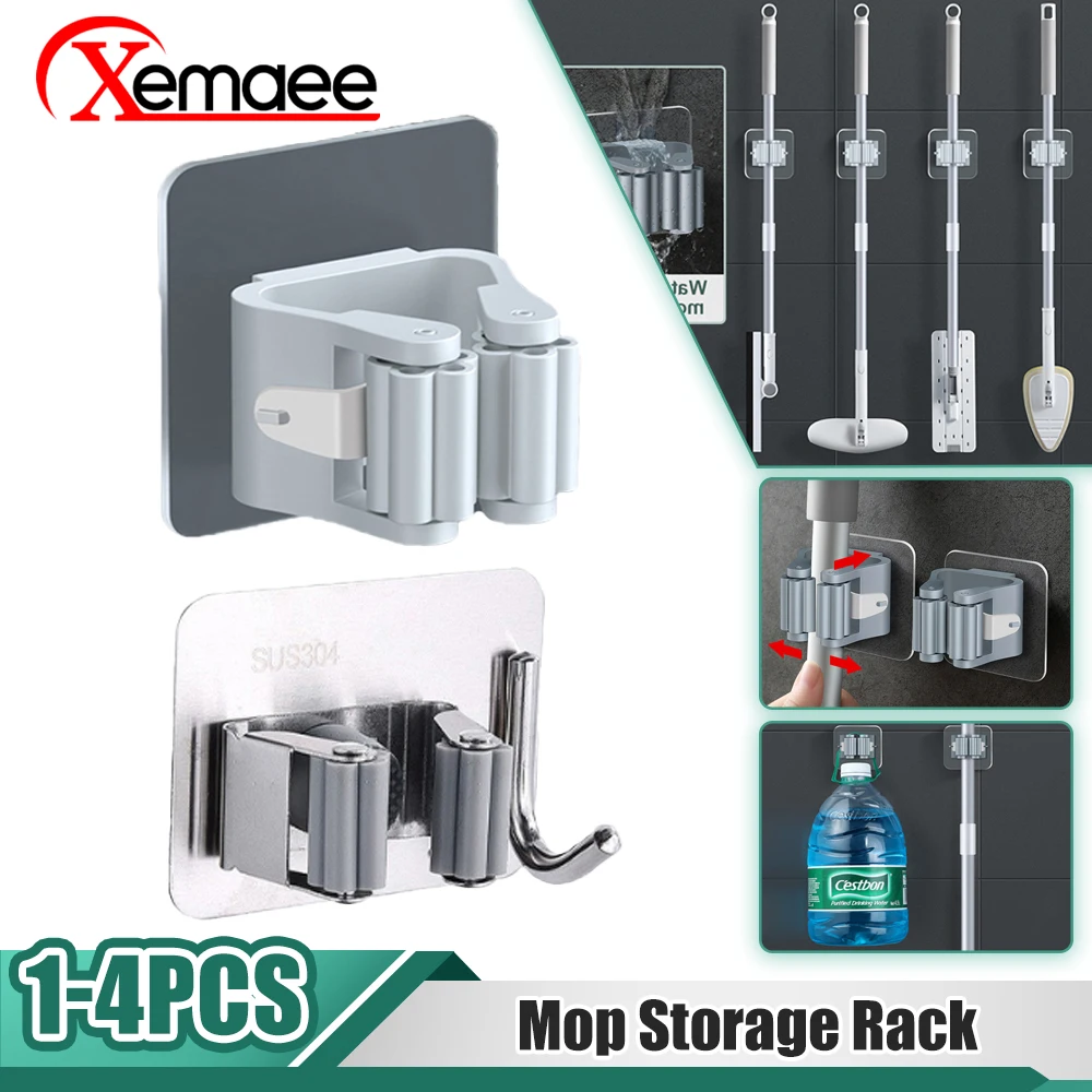 1/2/4Pcs Multi-Purpose Hooks Mop Rack Wall-Mounted Mop Stora