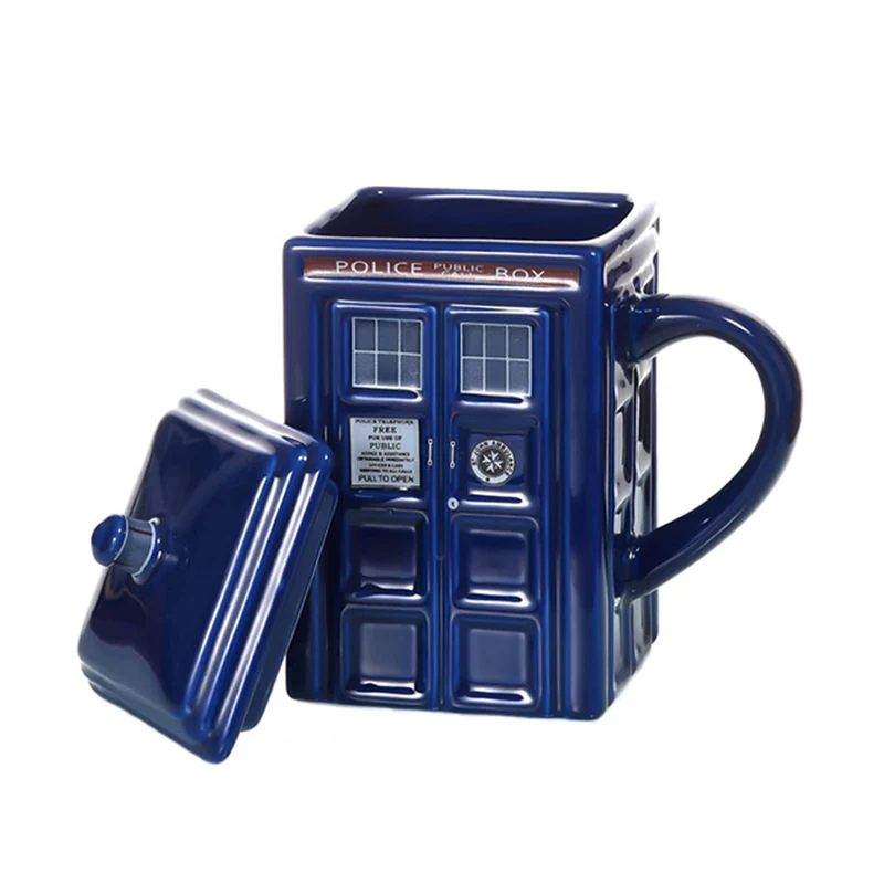 

Creative Coffee Mug Doctor Who Tardis Police Box Ceramic Cup with Lid Cover for Tea Milk Mugs Christmas Presents for Kids