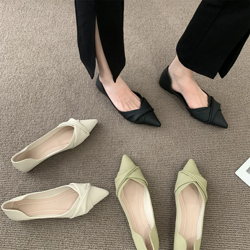 

FHANCHU 2022 New Women Soft Flats,Shallow Out Shoes,Pleated BoW,Pointed Toe,Spring/Autumn,Fashion Slip On,Black,Beige,Dropship