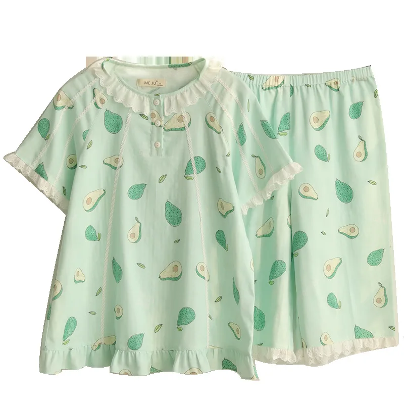 Women's Pajamas Summer Thin Fresh and Cute Short-sleeved Shorts Cotton Sleepwear Literary Style Loungewear Round Neck Home Suit