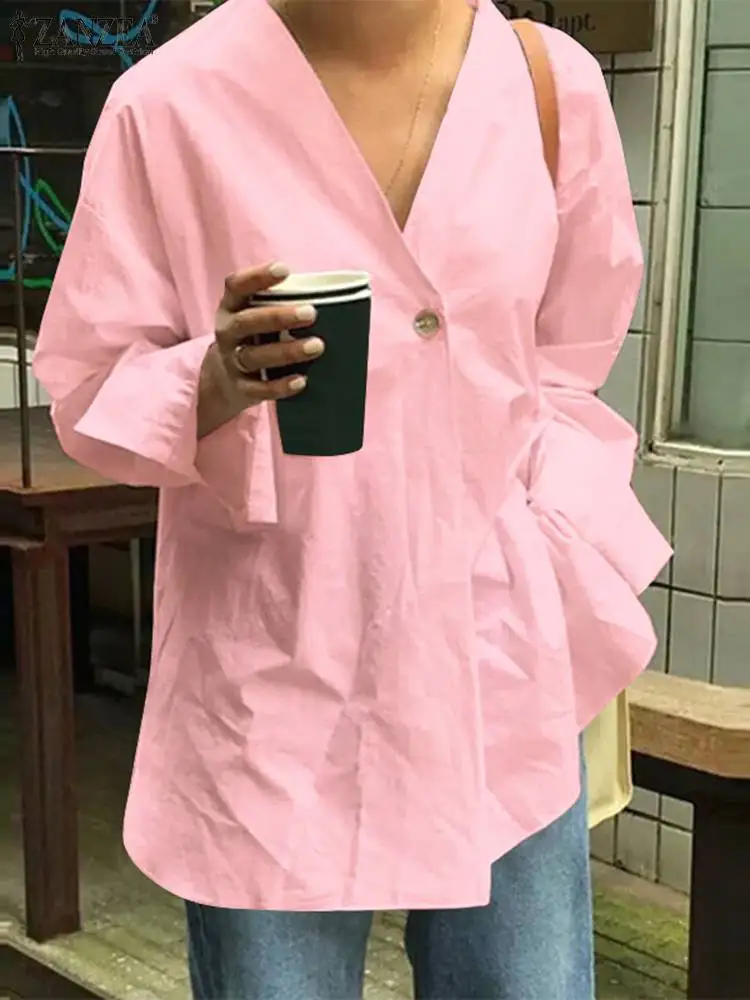 

ZANZEA Korean Fashion Solid Shirts Women V-neck Autumn Tops 2023 New Long Sleeve Blouse Casual Loose Button Commuting Tunics