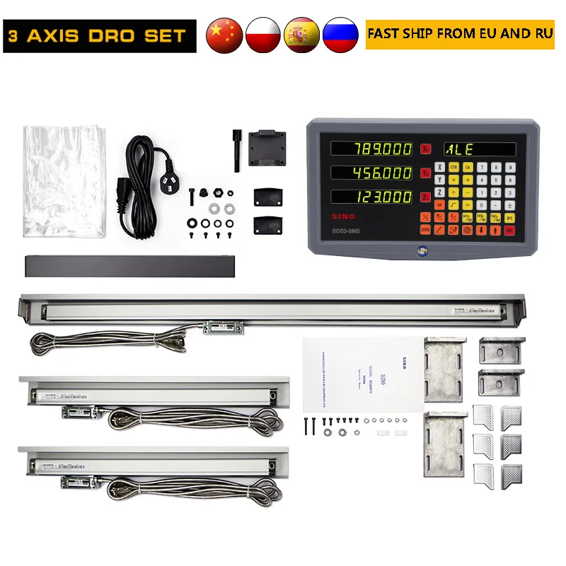 

SINO 3 Axis Digital Readout Display Set DRO SDS3MS With 3PCS Glass Linear Scale Ruler Encoder Sensor 120~1020mm for Lathe Mill