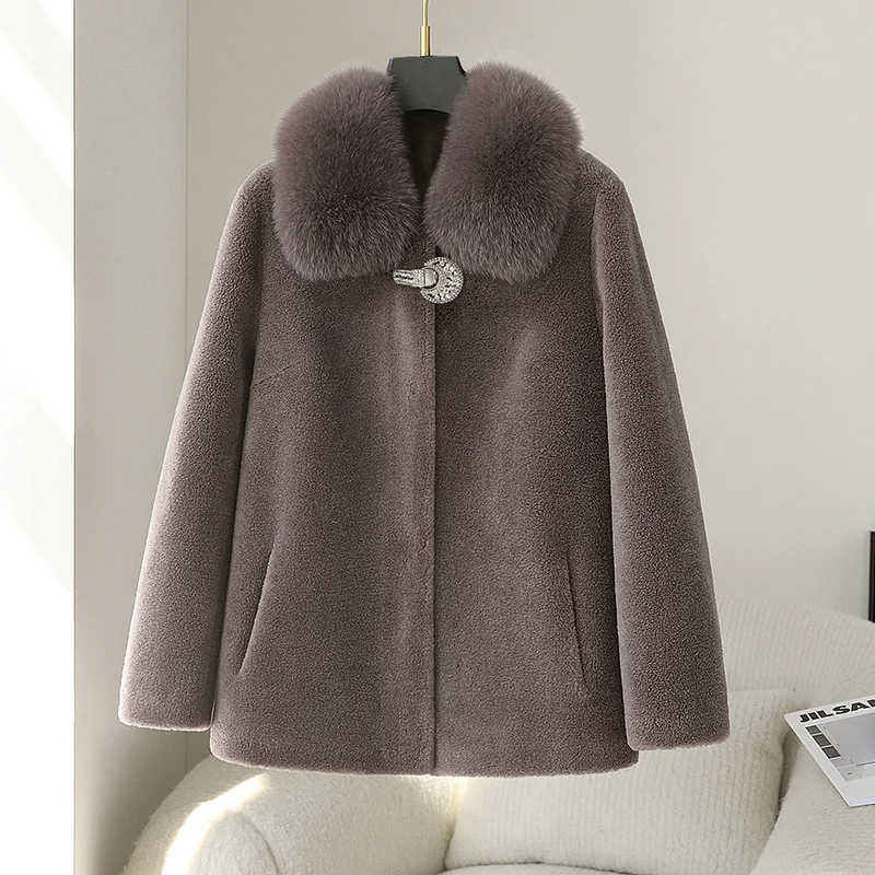 

100% genuine leather real New Mother's Fur Coat Women's Short Fox Collar Composite One Piece Sheep Fleece Pellet Wool